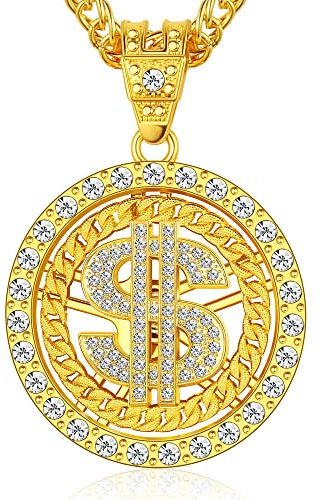 BodyBonita Gold Money Dollar Sign Chain Necklace For Men Rotatable Rapper Hip Hop Fake Chain 18k Gold Plated Halloween Old School Big Chunky Turnover Punk Style Necklace