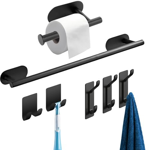 VOIVITA Toalleros de Baño sin Taladro - Kit de Accesorios de Baño sin Taladro, con Toallero, Cuelga Toallas y Portarrollos con Adhesivos de Repuesto para la Decoración Baño (Negro)