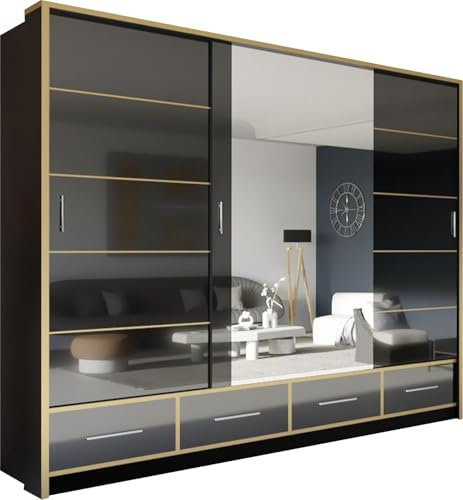 SLIDING WARDROBE 4U Manali Modern High Gloss Sliding Mirror Door Wardrobe with Drawers and Golden Strip (Black Gold, 253cm)