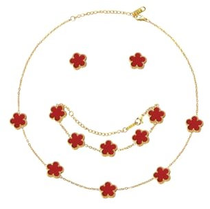 Hanaoops Vierblättriges Kleeblatt Schmuckset für Damen und Mädchen 18 Karat Vergoldet Edelstahl Zweiseitig Anhänger Halskette Ohrstecker Armband Hypoallergenes Glücksklee Emaille-Schmuck Set (Red)