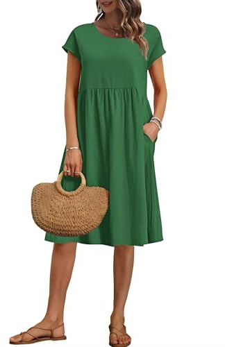 AUSELILY Women's Summer Short Sleeve Knee-Length Dresses Round Neck Loose Dress with Pockets Dark Green L