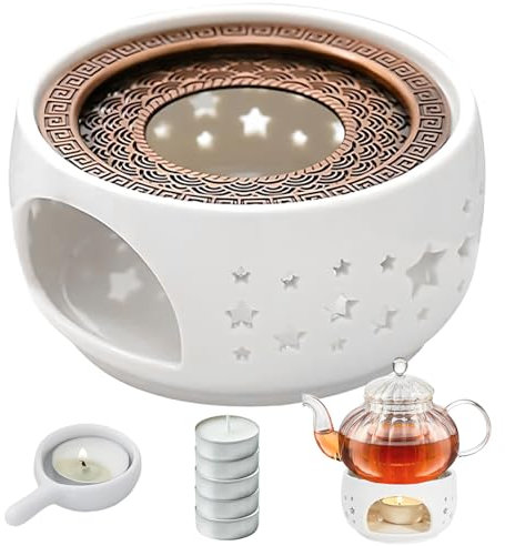 Mture Stövchen für Teekanne, Teekanne Keramik Teekanne Wärmer Hohl Geschnitztes Design, Stövchen Porzellan mit Kerzenständer, 5 Kerzen und Herdmatte für Kaffee Tee Milch