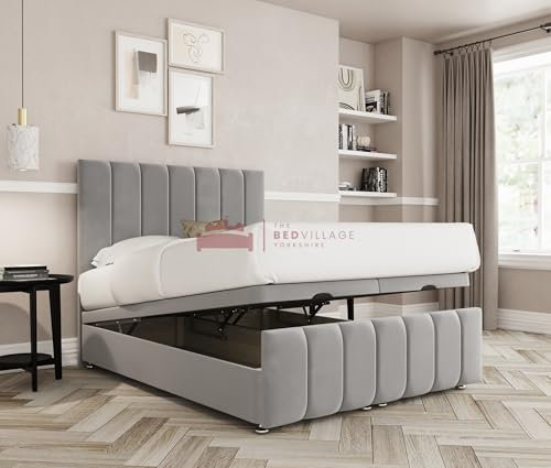 THE BED VILLAGE YORKSHIRE Bridlington Ottoman Divan with Footboard Single (3ft) Ottoman Divan Bed with Free 24 Headboard | Silver Grey Plush | Premium British Timber | Handcrafted
