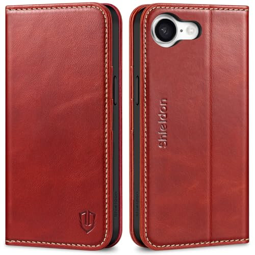 SHIELDON Case for iPhone 16e 5G, Genuine Leather Wallet Case [RFID Blocking][Card Holder][Stand Function][Shockproof TPU Shell] Magnetic Book Cover Compatible with iPhone 16e 6.1 2025 - Retro Red
