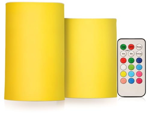 JUMBEAR Bright Yellow LED Candles Set of 2,Flameless Candles 4 5 Real Wax Battery Candle Pillars, 18 Key Remote Control with 24 Hour Timer Function