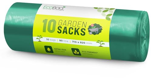 EcoBag - 10 Pack Extra Strong Garden Sacks - 80L - 30 Microns - Eco-Friendly, Leak Resistant, Durable Waste Bags for Grass, Leaves & Garden Disposal, Ideal for Household & Commercial Use