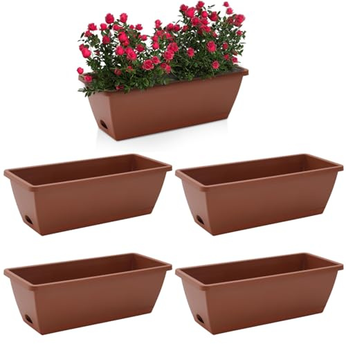 5 Pcs Outdoor Rectangle Plastic Vegetable Plant Pot With Drainage Holes & Tray, Large Flower Planters For Succulent, Herbs & Vegetables, Window Long Pots For Home Garden, 50 x 19 x 15cm (Brick Red)