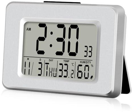 Réveil numérique radio-piloté numérique avec thermomètre et hygromètre, horloge radio-pilotée numérique avec rétroéclairage, synchronisation automatique de l'heure, jour de la semaine, température