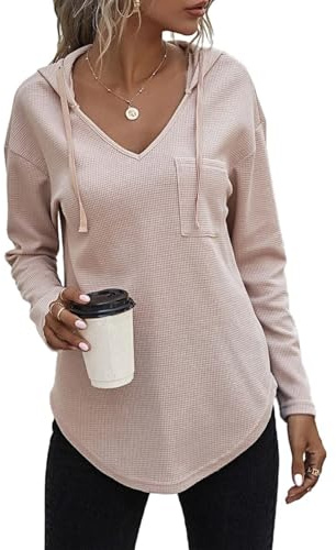 Cegerne Felpa con Cappuccio Donna a Maniche Lunghe con Scollo a V Pullover Monocolore con Coulisse Hoodie Top