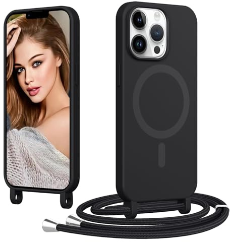 Coiwxmoi Handyband Handyhülle für iPhone 14 Pro Max Hülle mit Band, Schwarz | [Kompatibel mit MagSafe] Magnetisch Necklace Silikon Case mit Verstellbar Kordel zum Umhängen Handyband Stoßfest Schutzhülle