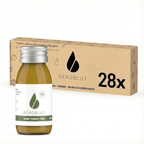 Bergblut Bio Gurke-Ingwer Shot Box – 28 x 60 ml Ingwer Shot Flaschen | Grüne Ingwer Shots mit Gurke, Apfel & Orange | Vegan, ohne Zuckerzusatz