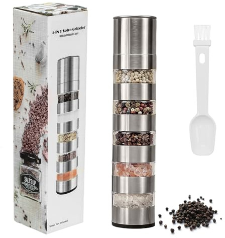 Youery 5 in 1 Camping Gewürzstreuer, Edelstahl mit 5 Fächern | Keramik-Mahlwerk, Verstellbare Mahlstufen, Tragbar, 2-in-1 Messlöffel und Bürste, Für Camping, Reisen und Outdoor