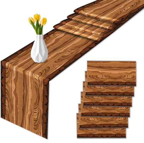 6 Stück Rustikaler Tischläufer Holzmaserung Muster Tischdecke für Western-Scheunenfarm Grillpartys Geburtstagspartys Deko,275x35CM