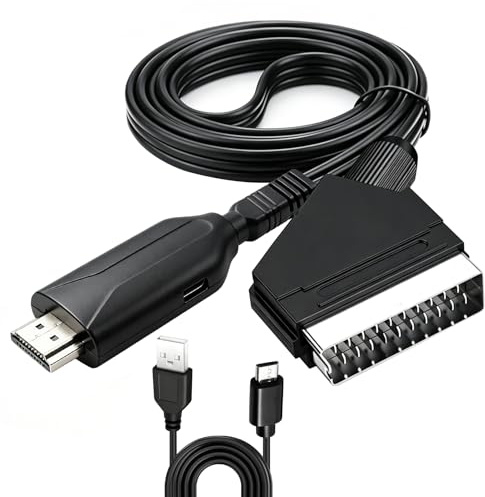 Toolivex Euroconector a HDMI Convertidor Scart 1080P, Adaptador Euroconector a HDMI con Cable HDMI USB, Conversor Euroconector a HDMI Plug & Play para TV HDTV VHS DVD STB PS2 PS3 Xbox Sky BLU-Ray