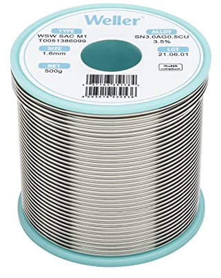Weller WSW sac M1 (T0051386099) Filo Saldante, Ø 1.6mm, 500g, Lega Sn96.5Ag3.0Cu0.5, Contenuto di Fondente 3,5%, Silver