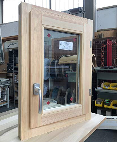 Finestra In Legno - CM L 60 x 80 H Battente - Trattata con Impregnante Preservante Naturale - Legno Lamellare - Doppio Vetro - Maniglia