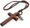 Flongo Damen Halskette Kette Männer Anhänger, Anhänger Leder Halskette mit Rosenkranz Bibel Gravur Kreuz aus Holz Schwarz Braun Jahrgang Damen Herren-Accessoires