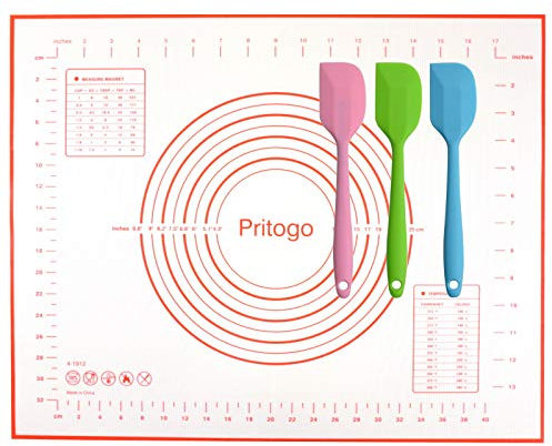 Pritogo Backunterlage Silikonmatte (50 x 40 cm) + 3X Teigschaber Rollmatte Backmatte Teigmatte mit Skala Antihaft BPA-Frei rutschfest