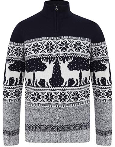 Merry Christmas Men's Nordic Style Quarter Zip Funnel Neck Xmas Jumper - Ink - XXL