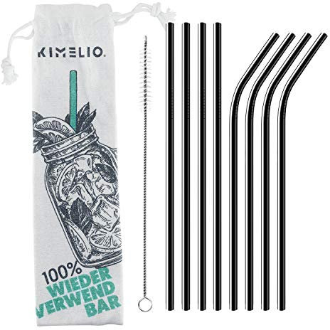 KIMELIO 304 Strohhalme Edelstahl [8 Dünne Trinkhalme Wiederverwendbar + Reinigungsbürste & Baumwollbag] Cocktail Strohhalme, Strohhalme wiederverwendbar, Umweltfreundlich, BPA frei, Schwarz