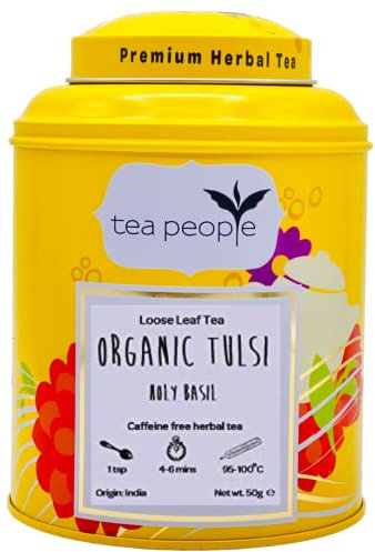 Tea People Organic Tulsi (Holy Basil), 50g Loose Leaf Herbal Tea in A Tin Caddy, Mint