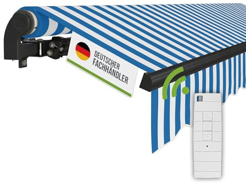 empasa Elektrische Gelenkarmmarkise 'Start Plus' Markise Sonnenmarkise Sonnenschutz, komplett vormontiert, Verschiedene Größen und Farben, Farbe:blau/weiß gestreift, Größe:400 x 250