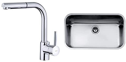 Grifo De Cocina Teka Monomando Ark 938 Color Cromo Ref 239381200 Caño Alto Extraible + Fregadero Bajo Encimera Be 74.43-20 Color Inox Ref 10125121 Mueble De 90 Cm