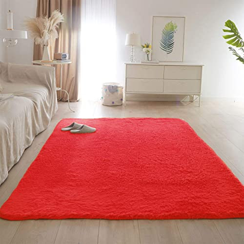 Kunstfell 100x140cm Carpet Wohnzimmer Nachahmung Wolle Teppich Fellteppich Faux Lammfell Flauschig für Bettvorleger Sofa Matte Oder Schlafzimmmer Deko Usw, Rot