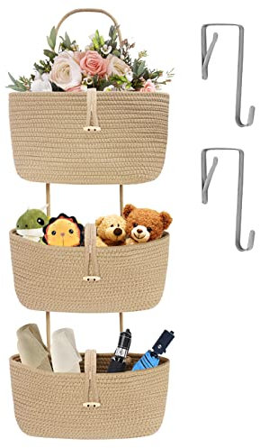 HOTOOLME Hanging Storage Baskets Over Door Storage Organiser Wall Hanging Storage Bag Hanging Storage Organiser 3 Pockets with Hooks for Bedroom,Living Room,Bathroom Brown