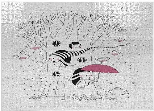 ABAKUHAUS Magie Puzzle, Vögel Kaninchen Baum Rainy, Heirloom-Qualität lustige Aktivität für die Familie langlebiger Karton, 1000 Stücke, weiß Rosa