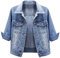 Locachy Womens 3/4 Sleeve Short Denim Jacket Lapel Button Down Cropped Trucker Jean Jackets Coats, Light Blue, Small