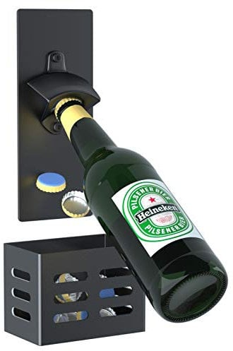 Mikytoper Magnetic Bottle Opener with Cap Catcher,Removable Wall Mounted Beer Bottle Opener for Kitchen Fridge,Beer Gifts for Men (Black)