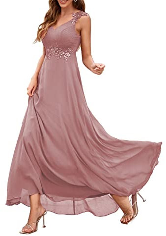 Robe de demoiselle d'honneur en mousseline de soie avec col en V profond Longueur au sol Robe de demoiselle d'honneur avec poches fendues, vieux rose, 44