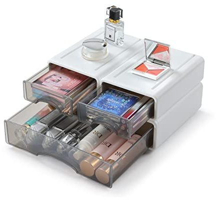 OSteed Stackable Desk Organiser Drawers, 3 Mixed Plastic Storage Drawer Units, Compact Desktop Storage Drawers A4 Paper, Stationary Organiser, Craft Drawers for Bathroom, Dorm & Office, White