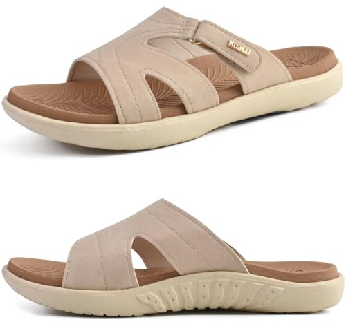KuaiLu Womens Fashion Orthotic Slides Ladies Lightweight Athletic Yoga Mat Walking Sandals Slip On Thick Cushion Recovery Slippers Sandles Comfortable Plantar Fasciitis Arch Support Tan Beige Size 10