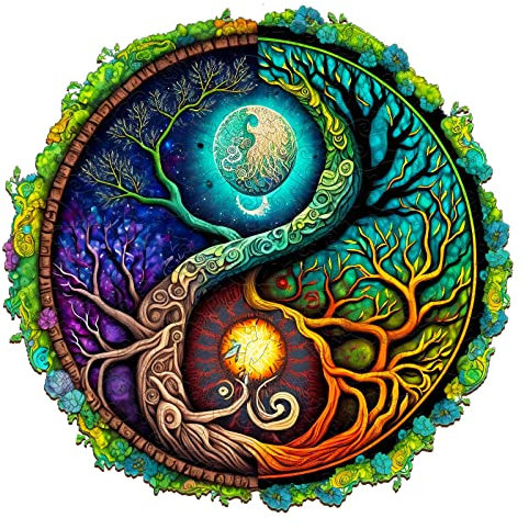 Funnli Holzpuzzles für Erwachsene und Kinder,Yin und Yang Muster Pflanze Holz-Puzzle (Yin-Yang-Bäume), Einzigartige Chinesisches Kung Fu Puzzlespiele (M-11.8 * 11.8in -200 Stücks)