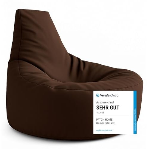 PATCH HOME Gamer Kissen & Lounge Sitzsack – befüllbar mit Reißverschluss, gefüllt mit Styropor, geeignet für In- & Outdoor. Perfekt als Gaming Sessel Sitzkissen (Braun, Ø 65cm x Höhe 70cm Junior)
