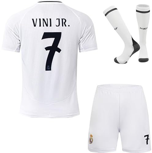 BlackAzat 2024/2025 Madrid Heim #7 Vini Jr. Vinicius Football Fußball Kinder Trikot Shorts Socken Set Jugendgrößen (Weiß/Gold,26)