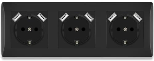 BSEED USB Steckdose Unterputz mit Steckklemme, Unterputz Steckdose mit USB Anschluss 2.1A, 3er Steckdose mit PC Rahmen 16Amp, Dreifachsteckdose Wandsteckdose Schwarz für Handy, Laptop usw. - 223 mm
