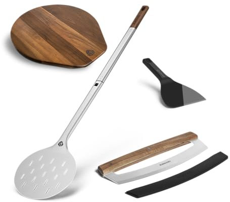 BURNHARD Pizza Set Adavanced - Pizzawender, Pizzabrett & Teigspachtel - Aluminium-Schaufel & Akazienholz-Griff, mit Steckmechanismus, temperaturbeständig für Pizzaofen