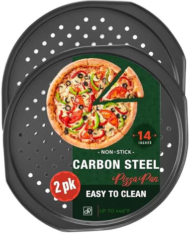 LilGoo 2 Pack 12 inch Pizza Trays for Oven Non Stick with Handle, Carbon Steel Pizza Pans with Holes, Round Non - Stick Pizza Trays for Crispy & Bubbly Crust