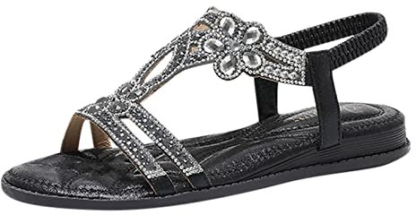 Damen Sandalen, Sommer Flach Sandals, Strass Bohemia T-Riemen Frauen Sandalen, Strand Offene Zehe Sandaletten, Weichen Sohlen Sommerschuhe, Bequeme Zehentrenner, Elegant Strandsandalen Flip Flops