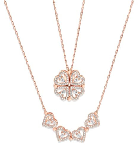 YUUSIKCO 1 pcs Kleeblatt Kette - Kleeblatt Kette Herzkette Magnetisch Halskette Damen Roségold 925 Zirkonia Glückskette Damen Kette mit Vierblättriges Kleeblatt Herz Anhänger,Herz Kette