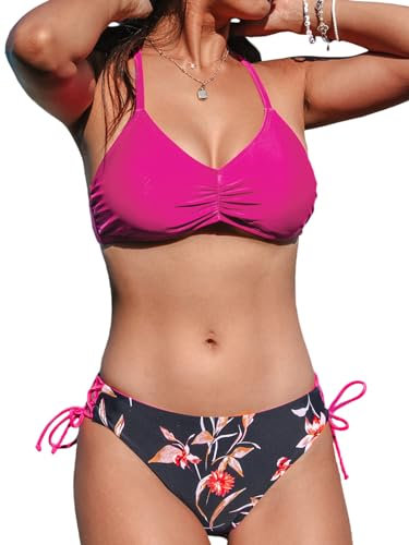 CUPSHE Damen Bikini Set V Ausschnitt Raffungen Geflochtene Träger Reversible Bikinihose Lace Up Bademode Zweiteiliger Badeanzug Swimsuit Magenta/Rot Blumig M