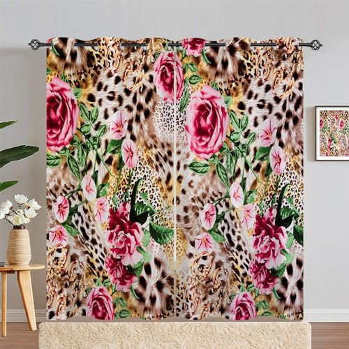 ANHOPE Geparden Leopard Streifen Blume Vorhänge mit Ösen Blickdichte Gardinen Blackout Curtain Thermo Vorhang Kinder Mädchen Schlafzimmer Wohnzimmer Verdunklungsvorhänge 2er Set H 245 x B 200 cm