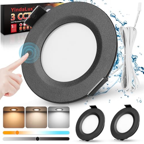 YindaLux Spot LED Encastrable 12V, Contrôle tactile 3000K 4000K 6000K Dimmable, 3W 330LM IP44 Extra Plat Spot salle de bain, Trou 58-62mm Aluminium plafonnier spot avec câble de 2m, Lot de 3, Noir