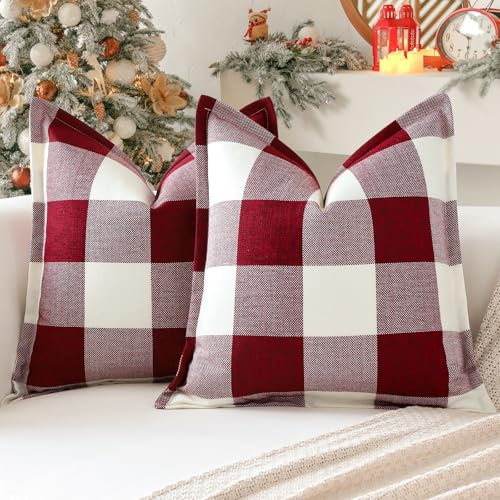 Sungeek 2er Set Buffalo Plaid Tartan Kissenbezüge, Dekorativ Zierkissenbezüge Weihnachten Kariert Kissenbezug Dekokissen Deko Bezug Kissenhülle für Sofa Schlafzimmer Wohnzimmer 50x50cm (Weiß+Rot)