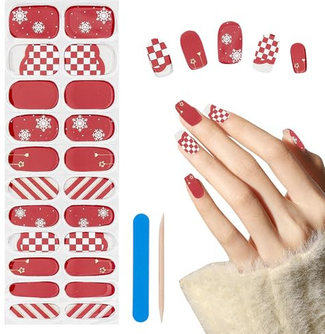 NICENEEDED 22 Pcs Semi Cured Gel Nail Strips, Christmas UV Nail Polish Stickers, Self-Adhesive Nail Wraps UV Lamp Gel Nail Sticker Salon Quality DIY Nail Wrap for Women Nail Art Manicure Design