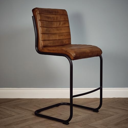 Elm home and garden 100% Real Genuine Leather Kitchen Island Café Bar Stool With Back Frame Tan Brown Grey Fully Assembled (Brown)
