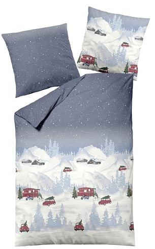 Carpe Sonno warme Biberbettwäsche 135x200 - Blaue Winter-Bettwäsche mit Reißverschluss aus 100% Baumwolle Flanell - Biber Bettwäsche 135 x 200 mit Kopfkissen-Bezug - Winterlandschaft